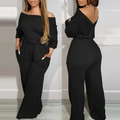 Chicme 2025 Off Shoulder V-Back Stretchy Waist Pocket Design Jumpsuit