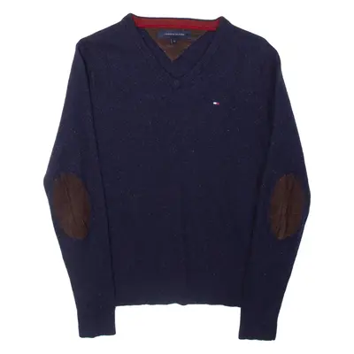 TOMMY HILFIGER Womens Jumper Blue V-Neck Tight Knit Wool S