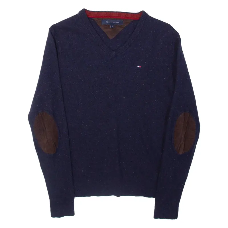 TOMMY HILFIGER Womens Jumper Blue V-Neck Tight Knit Wool S