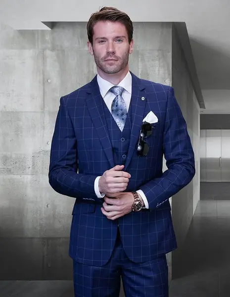 Check    Men's 100% Wool Cashmere Suit - Sleek Windowpane Check, 3 Piece Set