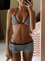 Two-Piece Set Women's Striped Print Halter Neck Tie Back Triangle Bra & Shorts Set, Casual Fashion Chic Clothing Set for Beac...