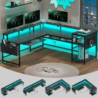 Sikaic L Shaped Reversible LED Gaming Desk With Power Outlets Strip Monitor Shelf Keyboard Tray Pegboard And Storage Shelves ...