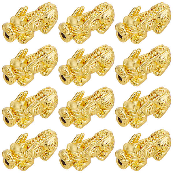 Beebeecraft 1 Box 12Pcs Pixiu Spacer Bead 18k Gold Plated Chinese Character CAI Fengshui Lucky Bead for Necklaces Bracelets K...