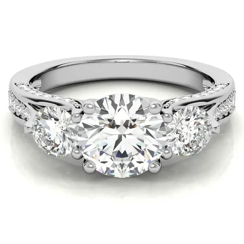 10K White Gold Round Cut Three-Stone Moissanite Engagement Ring