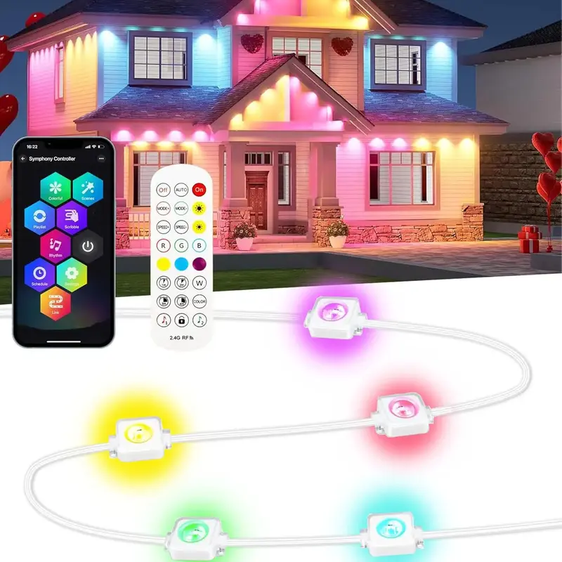 DIY Outdoor Light, Plug and Play RGBIC Smart Eaves Light with Extension Connector & Remote Control & DIY Scene Modes, Waterpr...