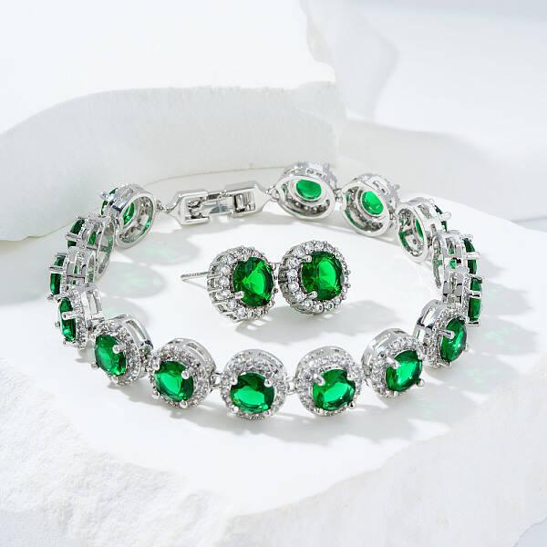 Vintage Elegant Brass Cubic Zirconia Stud Earring & Bracelets Set
