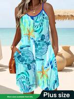 【Plus Size】Tie Dye & Plants Print Tank Romper, Boho Casual Sleeveless V Neck Romper for Summer, Women's Spaghetti Strap C...