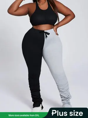 Lovelywholesale Plus Size Colorblock Ruched Drawstring Waist Side Split Pants, Casual Comfy Trousers for Women, Women's Bott...