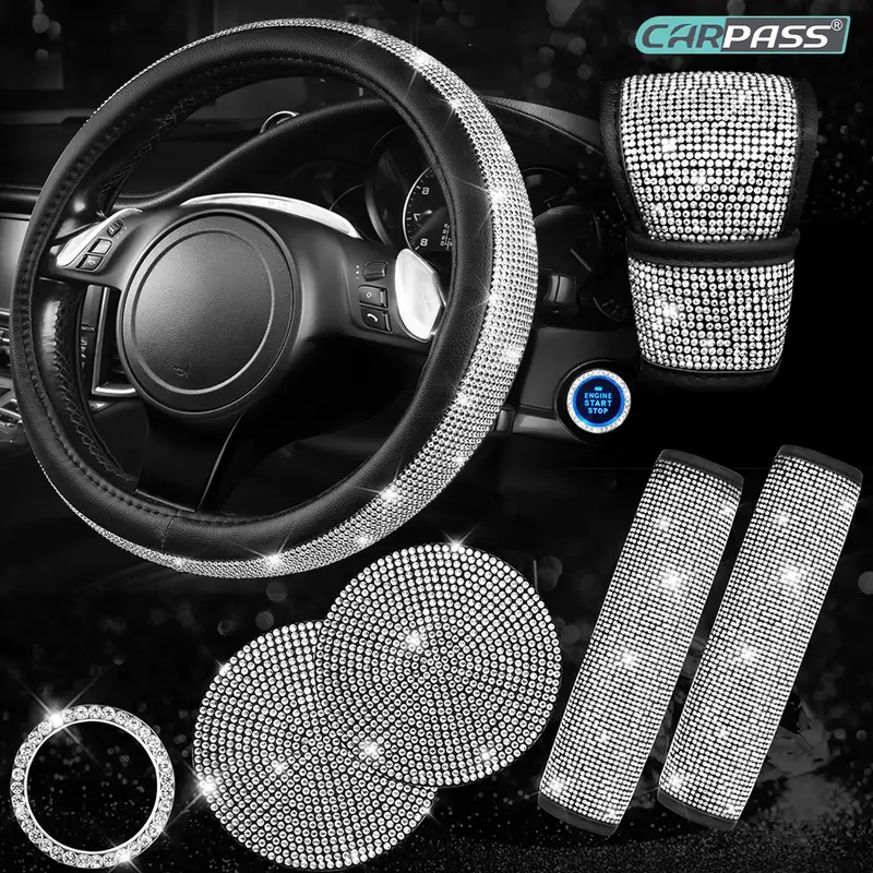 CAR PASS 7pcs Bling Car Accessories for Women,Sparkly Rhinestone Diamond Steering Wheel Cover,Belt Cushion,Glitter Shift Knob...