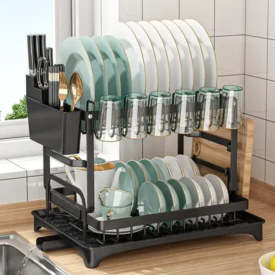 2 Tier Large Capacity Dish Drying Rack, Sink Foldable Rolling Up Dish Drainer Drying Rack, Kitchen Gadget Space Saver, Kitche...