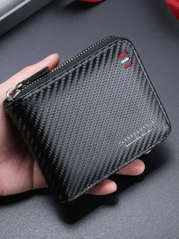 Father's Day Gifts, Men's Carbon Embossed Zipper Wallet, 2024 New Style Casual Multi Card Slot Short Wallet, Vintage Trendy M...