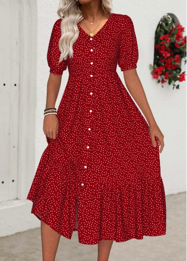 Modlily Red Polka Dot Short Sleeve V Neck Dress - M