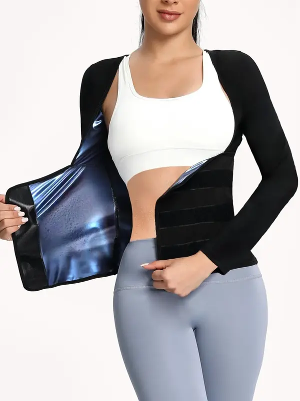 Women's Solid Long Sleeve Sauna T-shirt, Sports Shapewear Top for Workout Gym Exercise Yoga Fitness, Women Spring & Fall Spor...