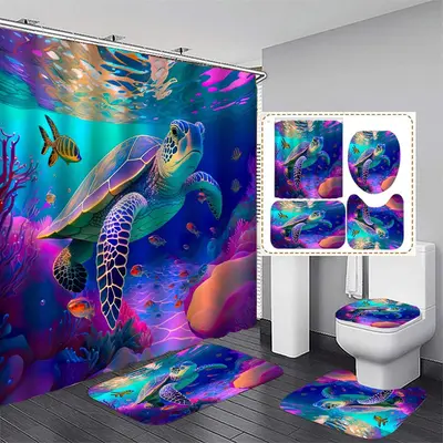 Colorful Turtle Pattern Bathroom Set, 4pcs/set Including Shower Curtain, Toilet Lid Mat, Bathroom Mat & Toilet Lid Cover, Wat...