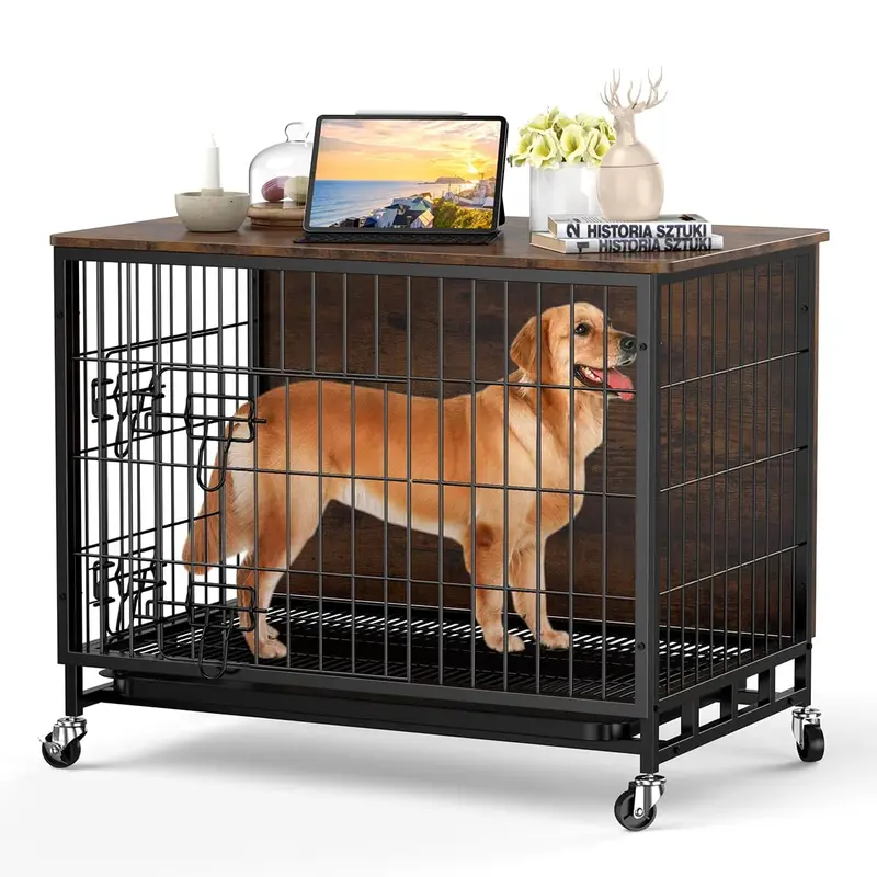 Garvee Dog Crate Furniture, 38.6 Dog Kennel Indoor Double Doors, Wooden Dog Cage with Pull-Out Tray & Removable Wheels, Deco...
