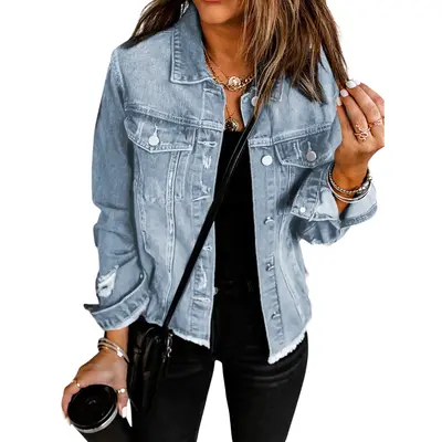 EVALESS Women's Jean Jackets Casual Non Stretch Boyfriend Washed Coats Distressed Ripped Lapel Long Sleeve Denim Outwear Tops...