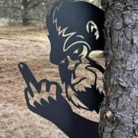 Peaking a Boo Flipping Off Bigfoot Animal Metal Sign Art Ornament, Middle Finger Bigfoot Peeping Around Signs Corner Tree Gar...