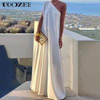 UOOZEE Women's Loose Asymmetric Solid Color Split-Joint One-Shoulder Maxi Dresses One Size Up Recommended for C - Cup and Abo...