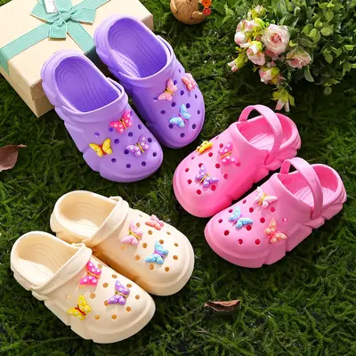 Cute Butterfly-Themed Lightweight Girls' Clogs, Platform Soft Sole Closed Toe EVA Home Garden Clog Shoes, Two-Way Wear Breath...