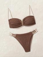 Two-piece Set Women's Solid Color Shirred Bikini Set, High Stretch Sexy Tie Back Backless Bikini Top with V-shaped Metal Deco...
