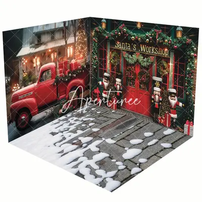 Aperturee Red Car Santa Workshop Christmas Room Set Backdrop - Lofaris