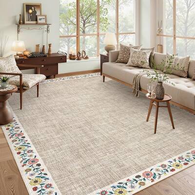 Garvee Bordered Light Flax 10x13 Machine Washable Floral Area Rug Low Pile Soft Faux Wool TPR Backing Non-Slip Lightweight Fo...