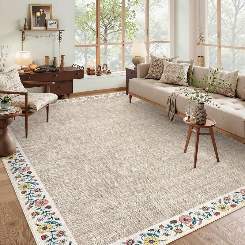 Garvee Bordered Light Flax 10x13 Machine Washable Floral Area Rug Low Pile Soft Faux Wool TPR Backing Non-Slip Lightweight Fo...