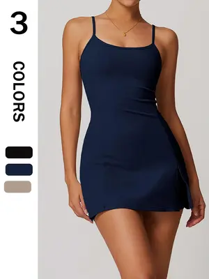 Women's Solid Backless Cami Sports Dress, Sporty Split Thigh Spaghetti Strap Short Dress, Tennis Pickleball, Tennis Attire, A...