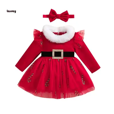 Baby Girl 2Pcs Christmas Outfits Long Sleeve Tulle Dress + Headband Set Infant Clothes