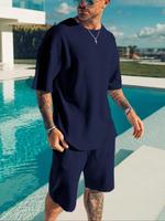 Two-piece Set Men's Solid Short Sleeve Tee & Drawstring Waist Shorts Set, Regular Fit Casual Round Neck T-shirt & Track Short...