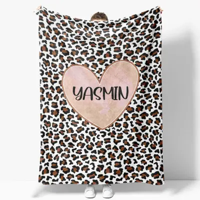 Customized Name Heart Brown Leopard Pattern Blanket - Aperturee