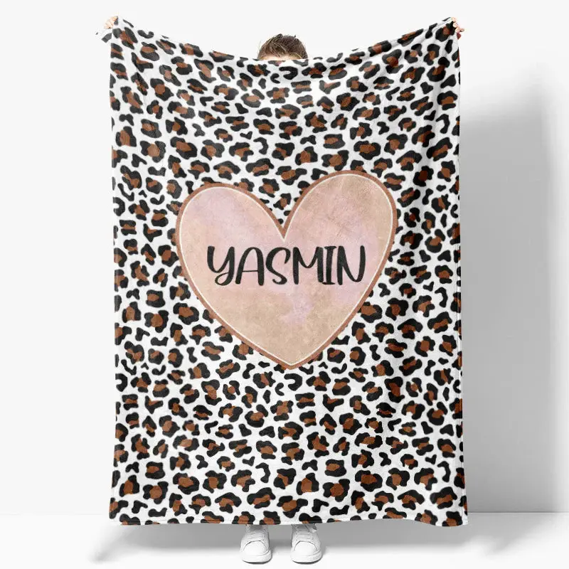 Customized Name Heart Brown Leopard Pattern Blanket - Aperturee