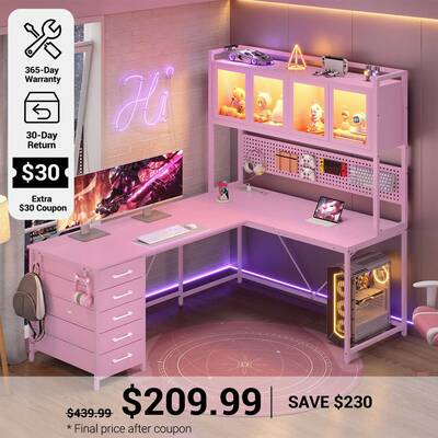 SEDETA | 62 Inch L Shaped LED Gaming Desk with Drawers and Display Cabinets Computer Desk with Power Outlet and Pegboard Pink...