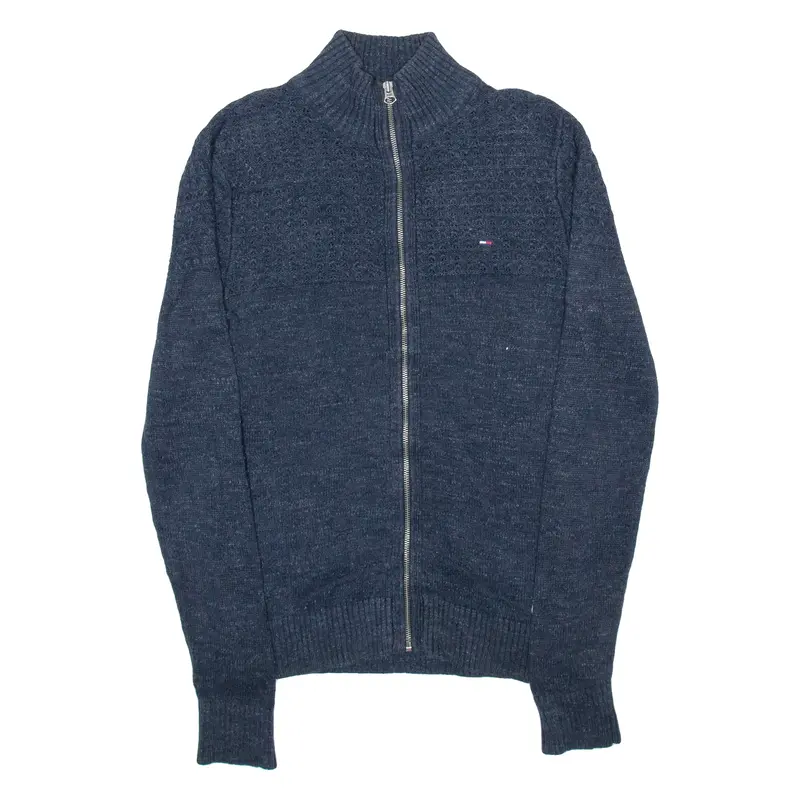 TOMMY HILFIGER Mens Cardigan Blue High Neck Tight Knit S