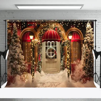 Gold Red Door Snow Trees Christmas Photo Backdrop