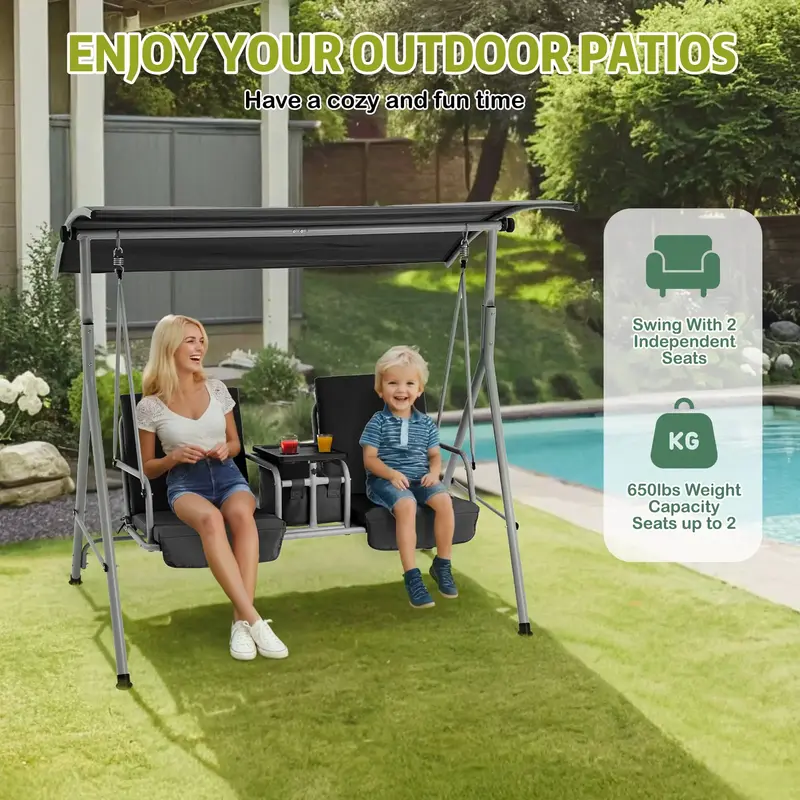 EROMMY Outdoor 2 Person Porch Swing with Adjustable Canopy, Bench Chair with Removable Cushion, Steel Frame and Pivot Storage...