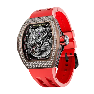 TSAR BOMBA Men's Automatic Skeleton Watch | Interchangeable Luxury Design | Red | Atomic TB8218 | Cubic Zirconia