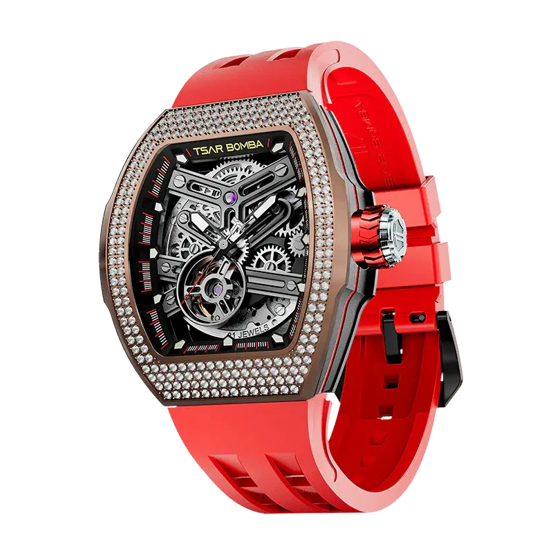 TSAR BOMBA Men's Automatic Skeleton Watch | Interchangeable Luxury Design | Red | Atomic TB8218 | Cubic Zirconia