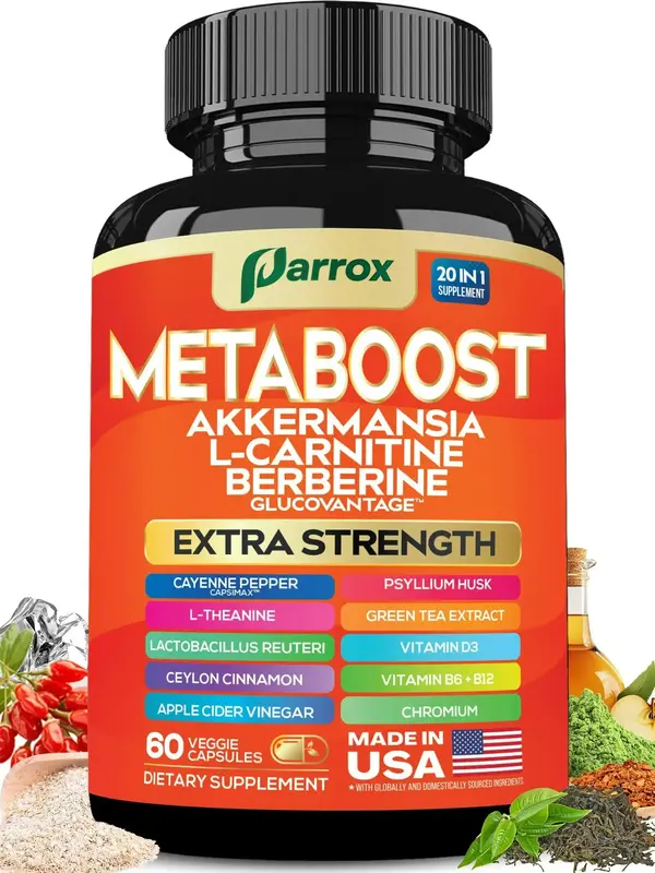 Parrox MetaBoost: 20 in 1 Organic Metabolism Support - Dietary Supplement with Akkermansia, L-Carnitine, Berberine & More Nat...