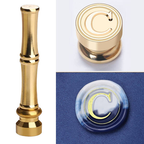 Golden Tone Brass Wax Seal Stamp Head with Bamboo Stick Shaped Handle