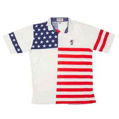 ANTIGUA USA Mickey Mouse Golf Polo Shirt White Striped Short Sleeve Mens L