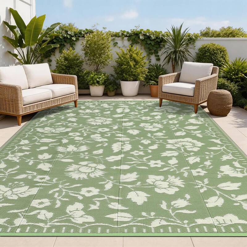 Garvee Floral Outdoor Rug 8x10 Waterproof Vintage Plastic Straw Rug for Patio Backyard RV Green Foldable Reversible