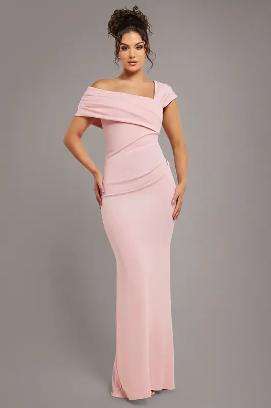 Goddiva One Shoulder Scuba Crepe Evening Maxi Dress - Blush Pink