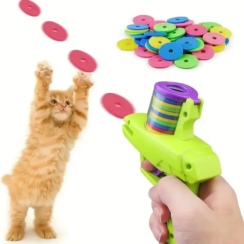Interactive Cat Shooting Toy, 1 Set Manual Cat Toy Launcher with Random Color Foam Plate, Durable Plastic Pet Toy, Fun Indoor...