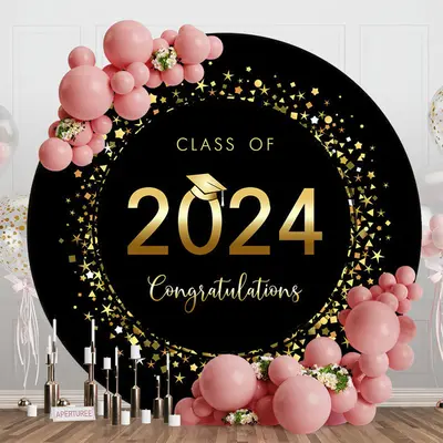 Round Black And Gold Class 2024 Graduation Backdrop - Aperturee