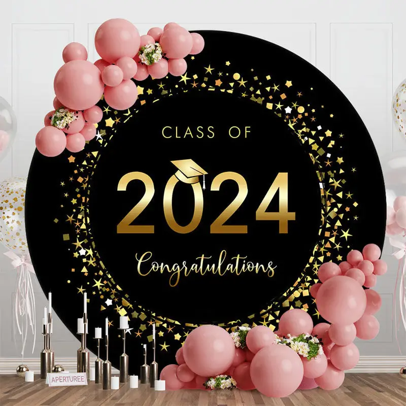 Round Black And Gold Class 2024 Graduation Backdrop - Aperturee