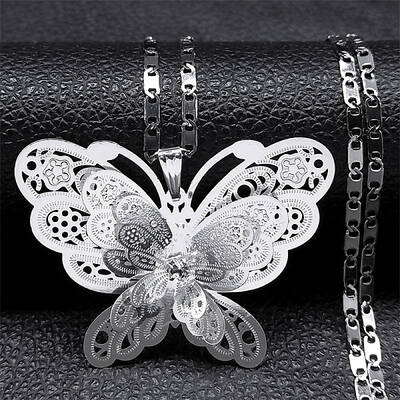 304 Stainless Steel Crystal Rhinestone 3D Hollow Butterfly Pendant Necklaces for Women