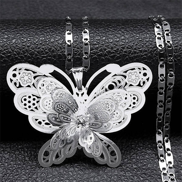 304 Stainless Steel Crystal Rhinestone 3D Hollow Butterfly Pendant Necklaces for Women