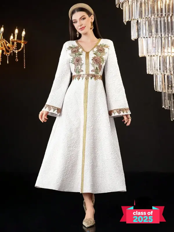 Women's Plain Embroidery Trim V Neck Dress, Elegant Long Sleeve A Line Dress for Party Holiday Wedding Guest, Ladies Clothes ...