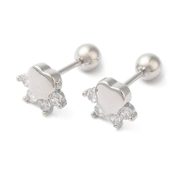 Heart Bow Brass Micro Pave Clear Cubic Zirconia Cartilage Earrings